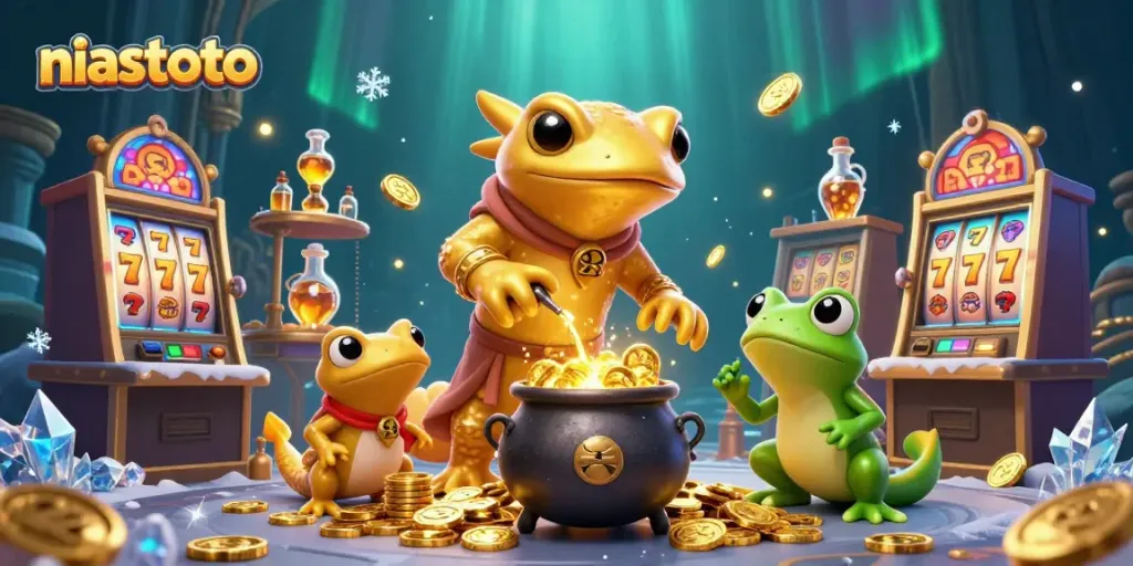 Exciting niastoto-themed casino scene with a giant golden salamander and a frog apprentice engaging in alchemical gold creation.