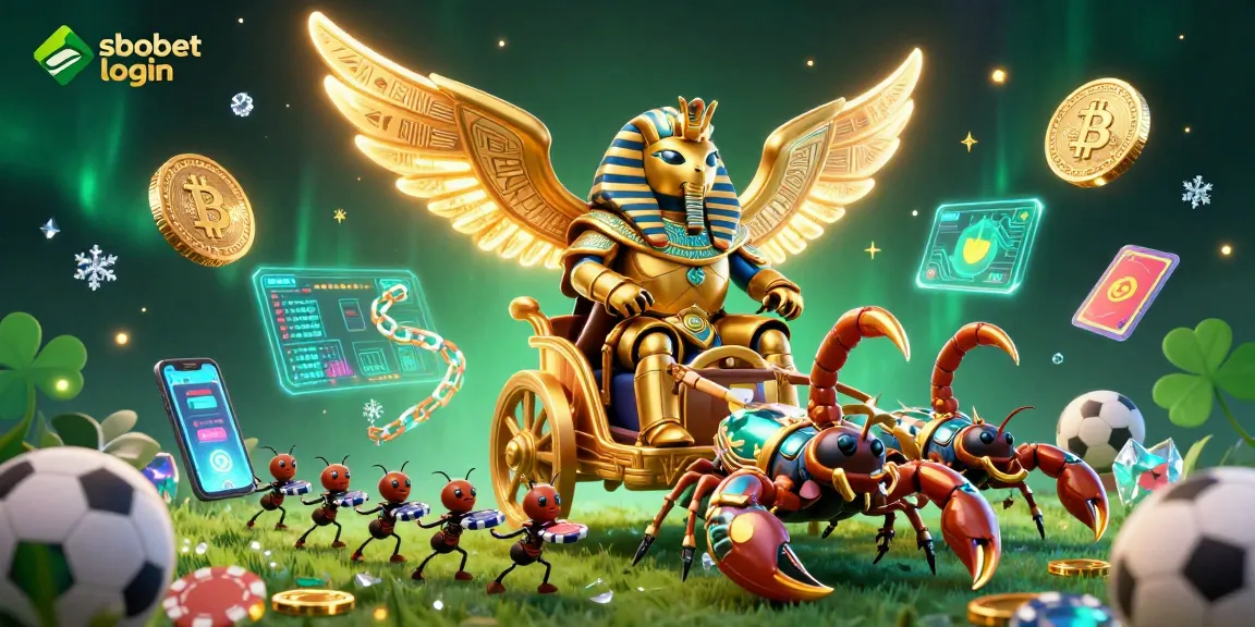 Bet on sbobet login with sports betting elements featuring massive golden scarab beetle and vibrant coins.