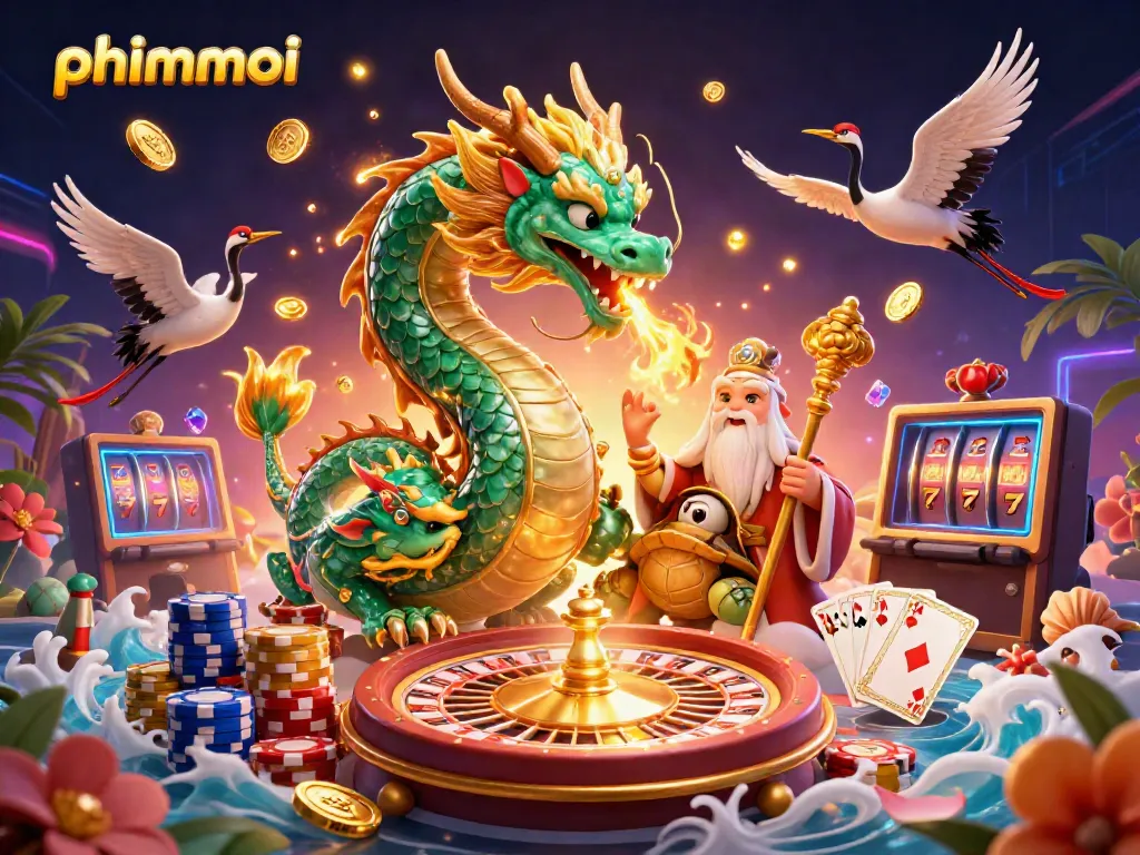Engage with phimmoi's vibrant dragon illustration featuring a casino scene filled with lucky elements.