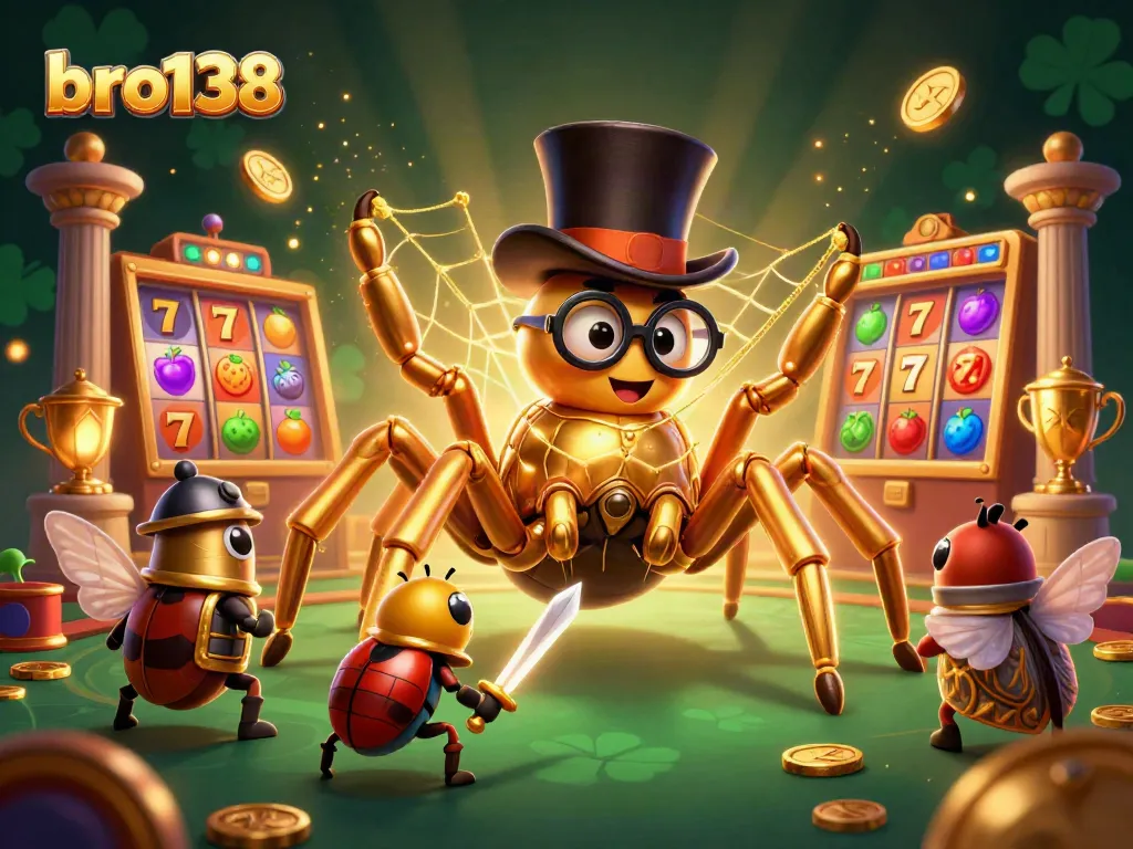 Spin the slots at bro138 and join the adventure with golden characters and vibrant casino elements.