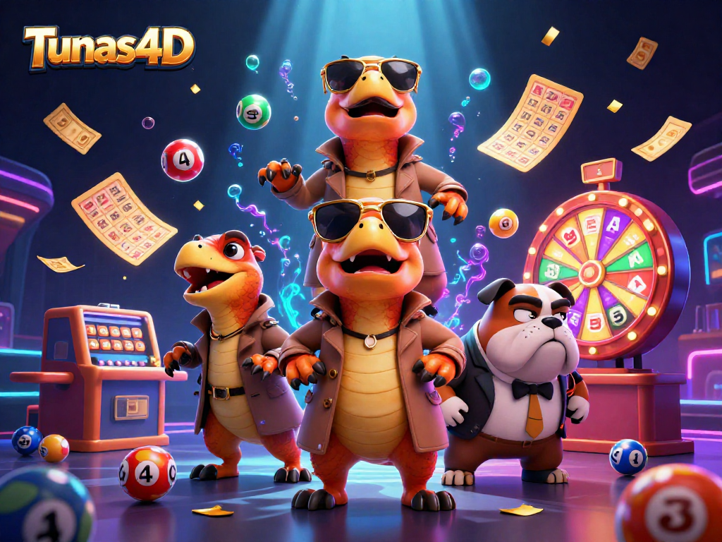 Tunas4D shows three raptors disguise in a trench coat entering a casino, with lottery elements and vibrant effects.