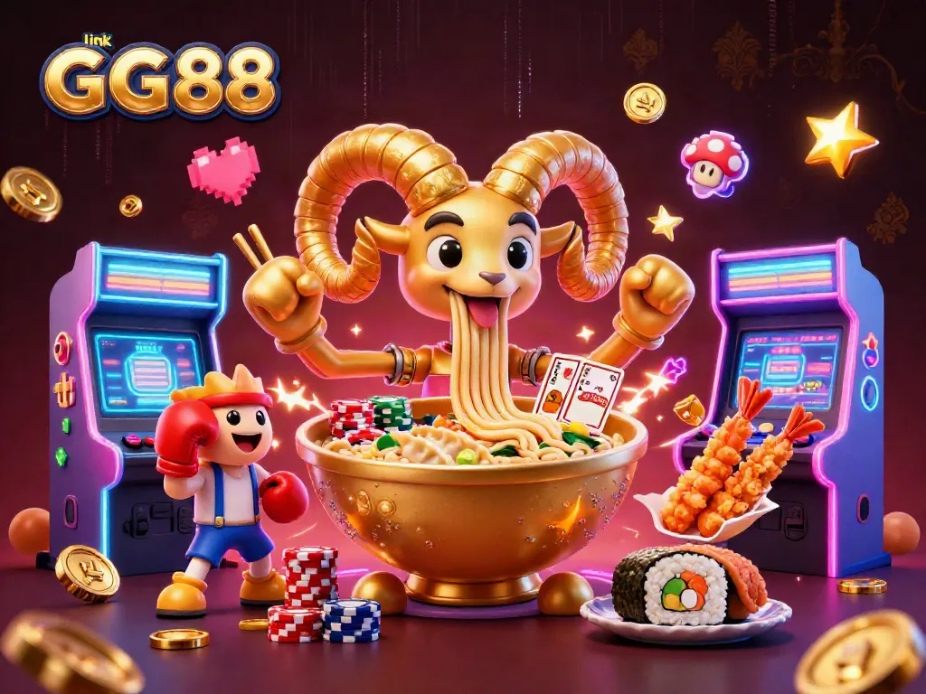 Engage with link GG88 featuring a vibrant scene of a giant ramen bowl and cheerful sushi characters in a casino.