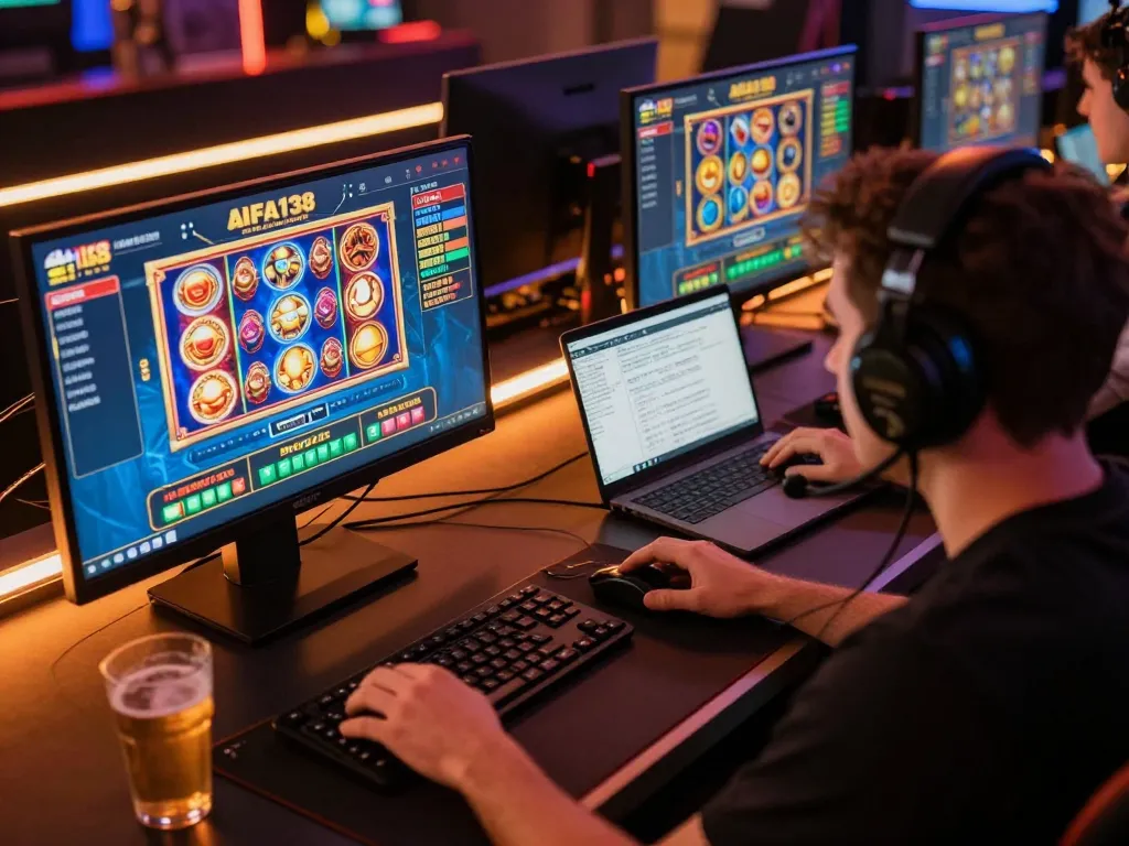 Pengalaman bermain game online yang menarik di alfa138 dengan antarmuka yang cerah dan pengaturan fokus pemain.