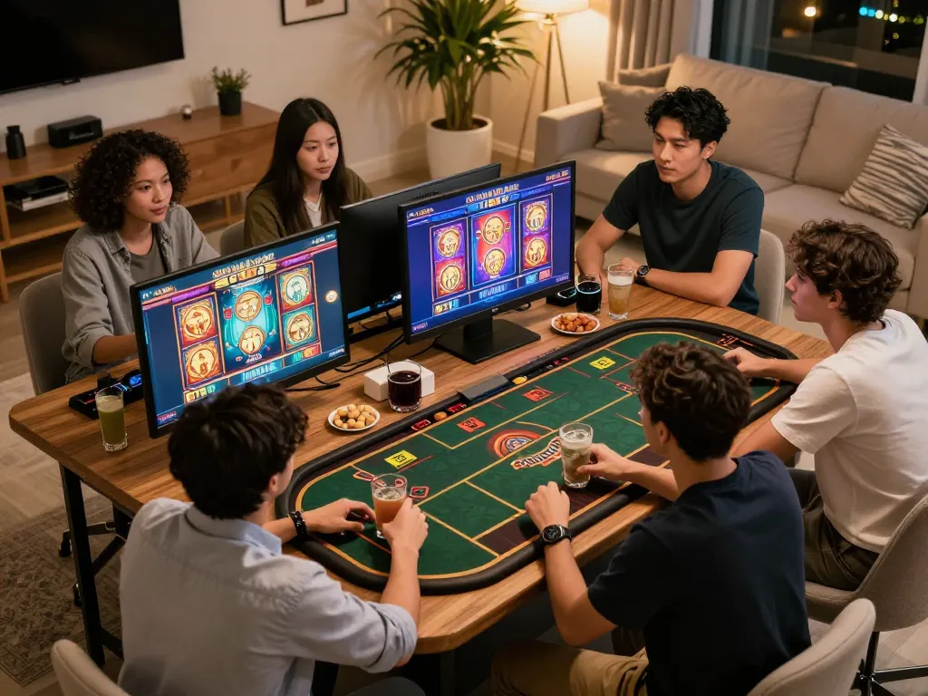 Players at NEGO77 enjoying online casino slots in a warm home atmosphere.