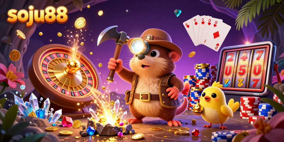 Soju88 casino adventure featuring a cartoon treasure hunter mole, golden coins, and roulette wheel.