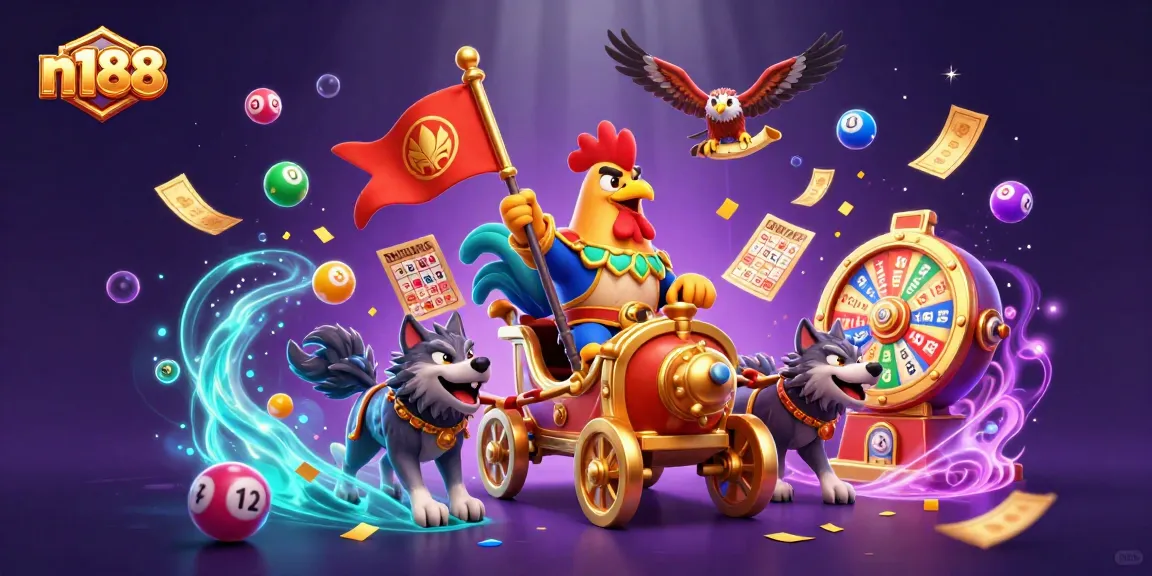 Engage with n188's thrilling gaming experience featuring vibrant lottery elements and a unique battle theme.