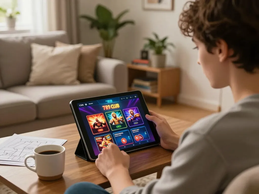 Cảnh chơi game tại nhà hấp dẫn với một người chơi sử dụng ứng dụng 789 club trên máy tính bảng, không khí ấm áp và ghi chú chiến lược rõ ràng.