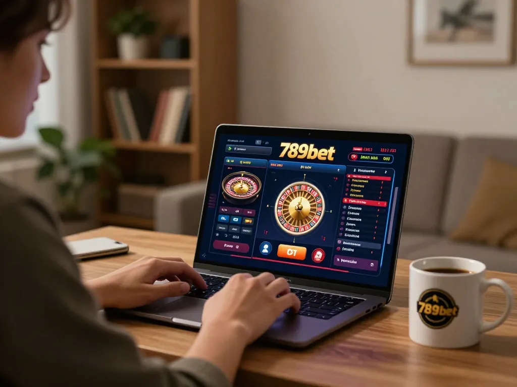 Engaging online gambling moment with 789bet casino interface on a laptop in a cozy setting.