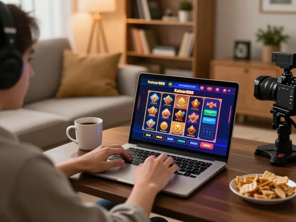 Kaisar888 online gaming session at home with vibrant slot games on screen