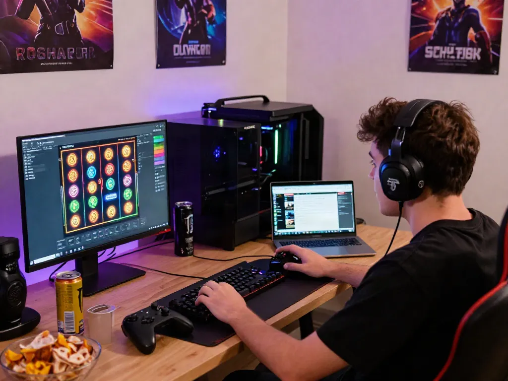 Exciting gaming moment with slot gacor gameplay in a cozy living room