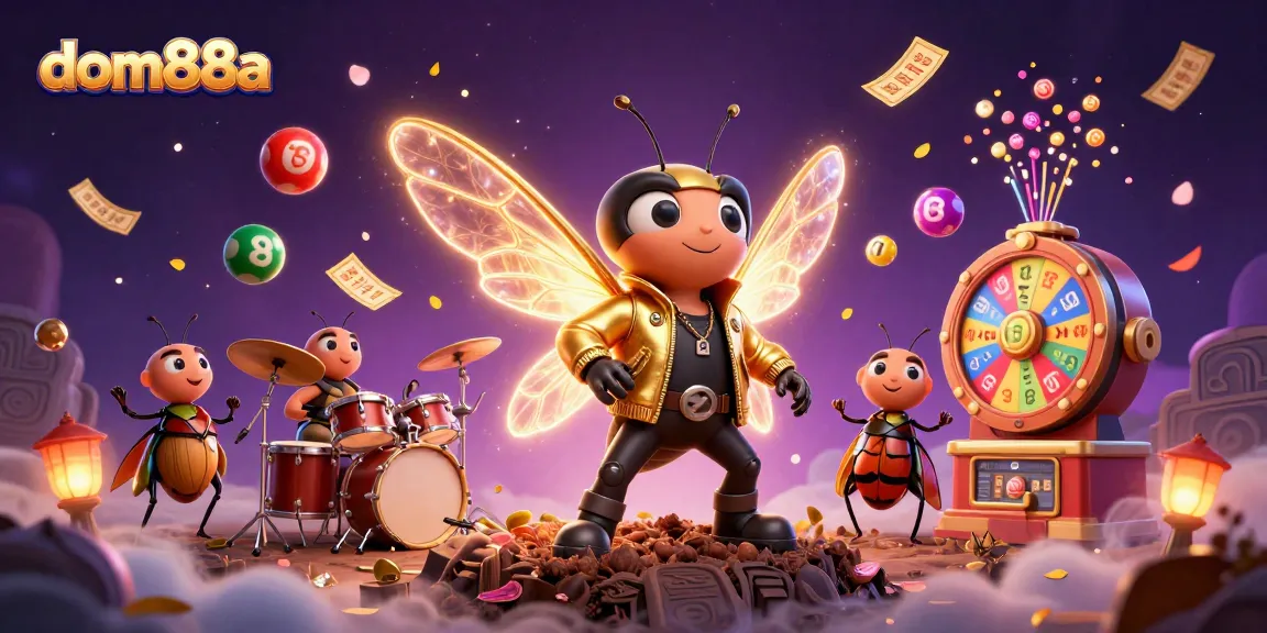 Join the excitement at dom88a with a vibrant scene of a cicada rock star, lottery elements, and colorful casino excitement.