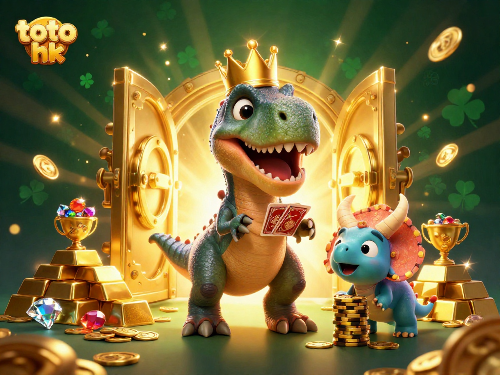 Gambarlah keseruan permainan toto hk dengan T-Rex yang bermahkota, membantu pemain kartu dan chip emas yang menumpuk.