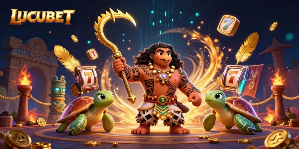 LUCUBET features a dynamic 3D scene with a demigod hawk, turtle sidekick, and slot game elements.