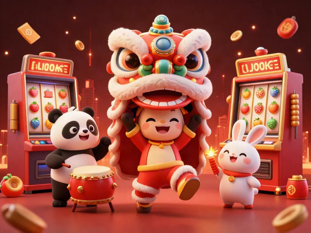 Play exciting games at ambon4d with slot machines, lion dance characters, and festive decorations.