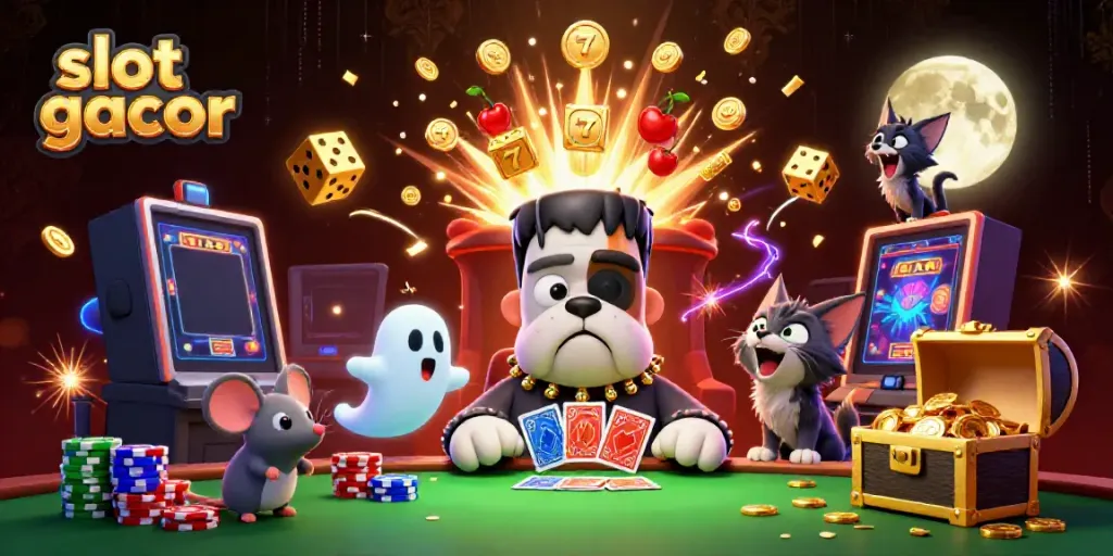 Slot gacor, anjing Frankenstein kartun mengocok kartu di meja kasino, dengan simbol jackpot dan efek kilau