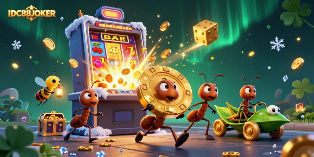 Observe the epic heist scene with team of ants carrying a giant poker chip in a vibrant IDC88JOKER casino atmosphere.