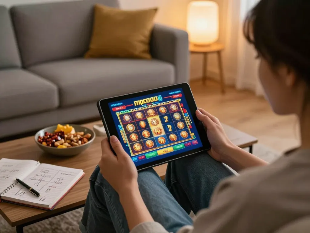 Person playing mpo500 slots on a tablet in a cozy living room setting.