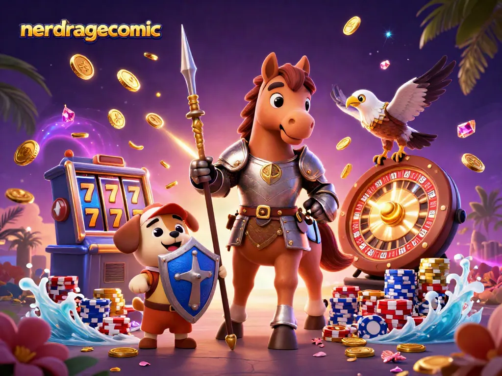 NerdRageComic memicu kegembiraan dengan koin emas dan chip poker di dunia permainan.