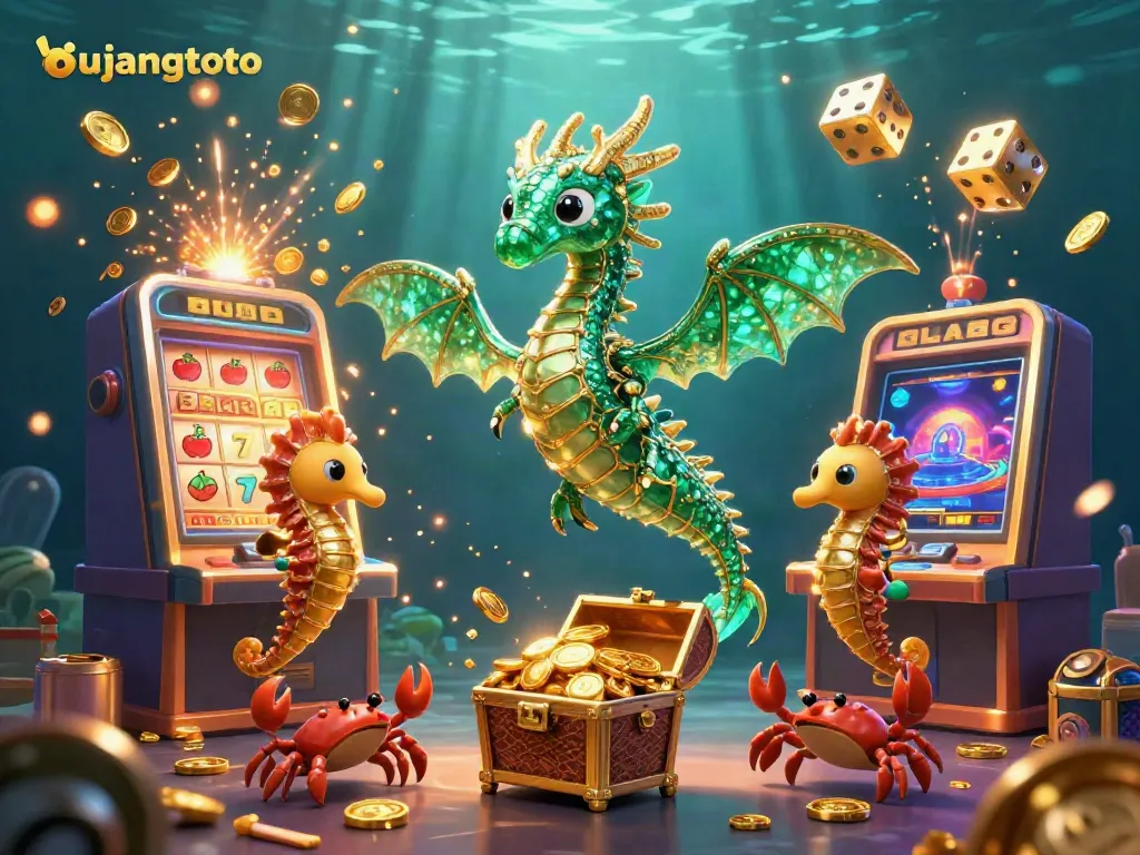 Experience the thrill of bujangtoto with a vibrant underwater casino scene featuring a sea dragon and massive slot machine.