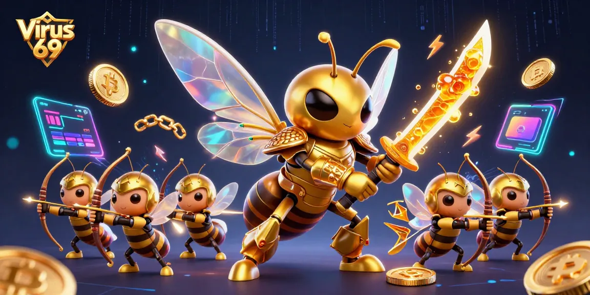 Experience the excitement of Virus 69 with vibrant golden hornet warriors conquering online gaming.