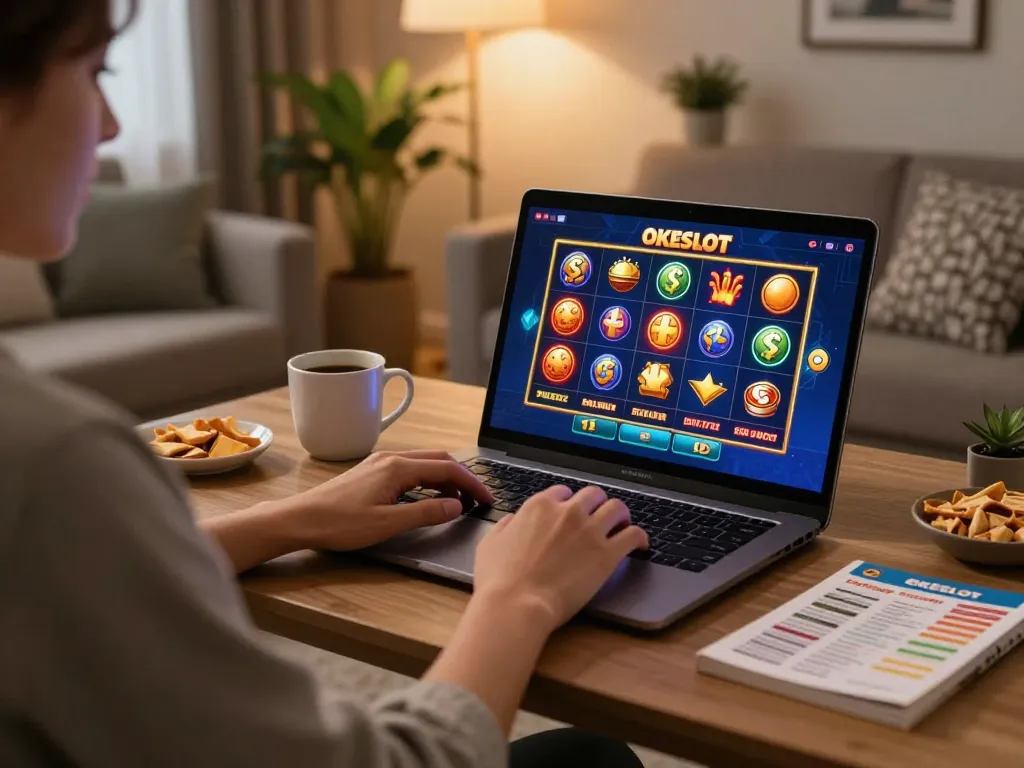 Pemain menikmati permainan slot OKESLOT di rumah, menampilkan pengaturan bermain yang nyaman dengan detail layar yang cerah.