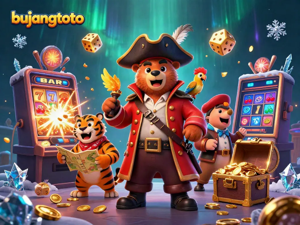 Experience the thrill of bujangtoto with a pirate captain and tiger in a vibrant casino scene.