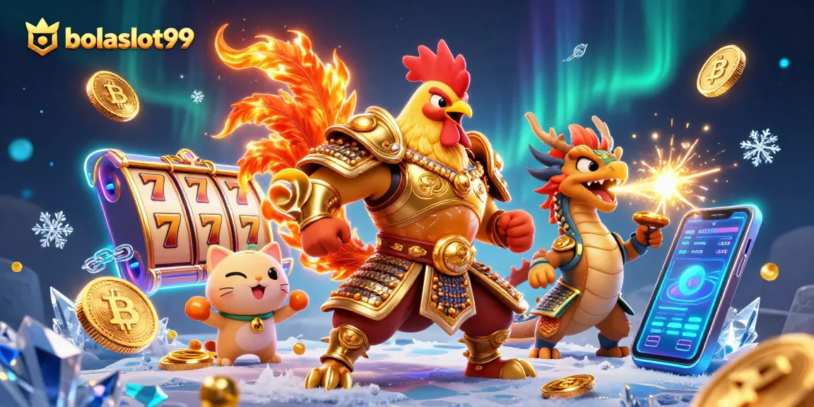 Bolaslot99 showcases an epic slot scene with a rooster warrior and dragon in a colorful casino world.
