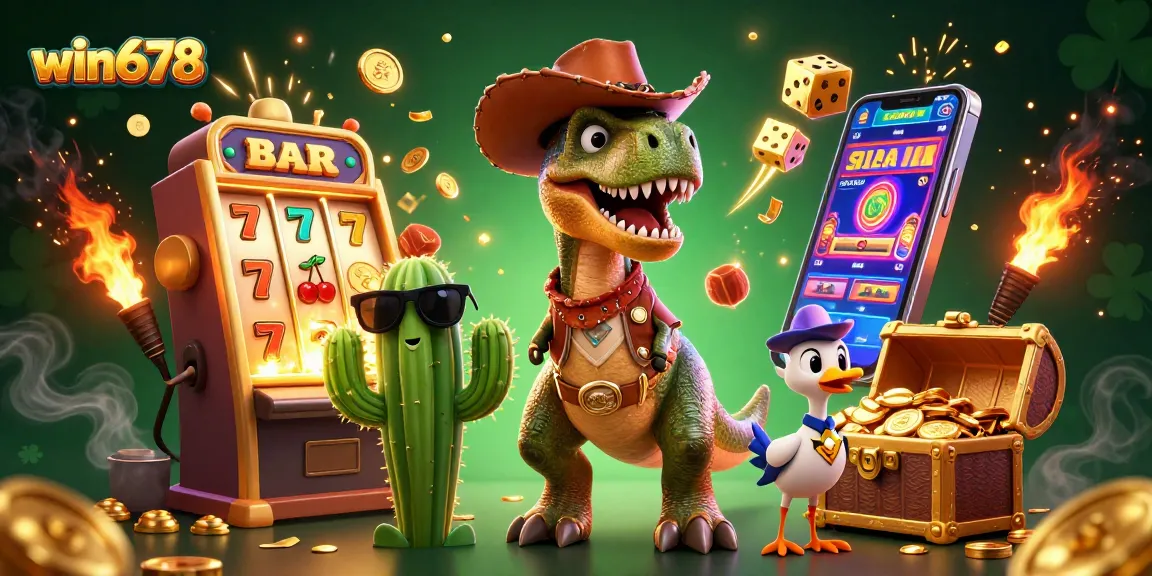 Experience the thrill of win678 with a vibrant 3D gambling scene showcasing colorful slot machines and dynamic characters.
