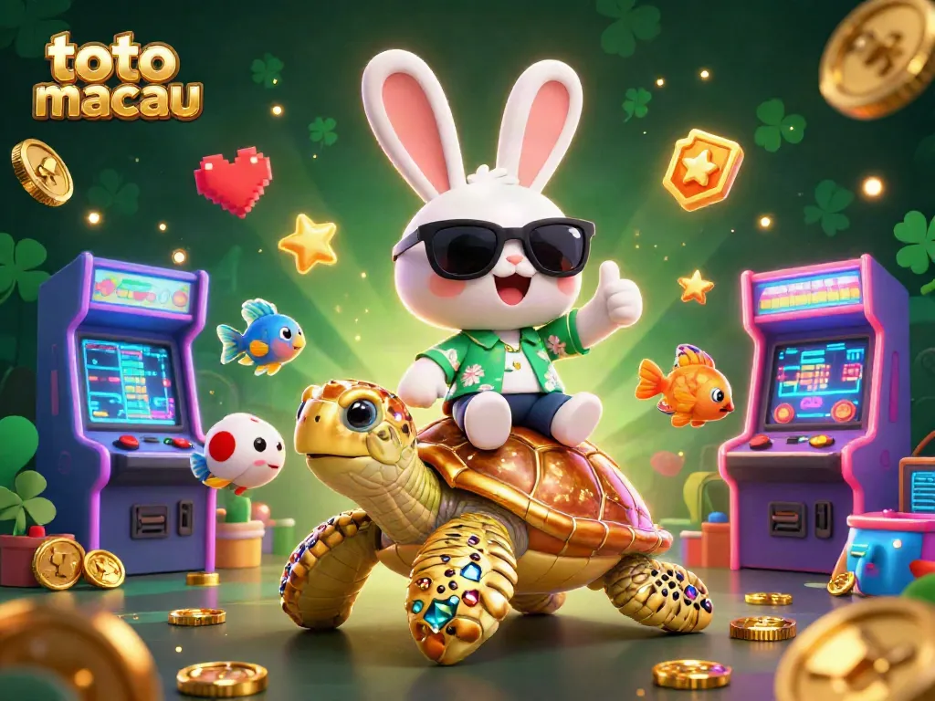 Mengadu taruhan dengan toto macau pada ilustrasi 3D kartun penuh warna yang menggambarkan kelinci beruntung dan kura-kura emas.