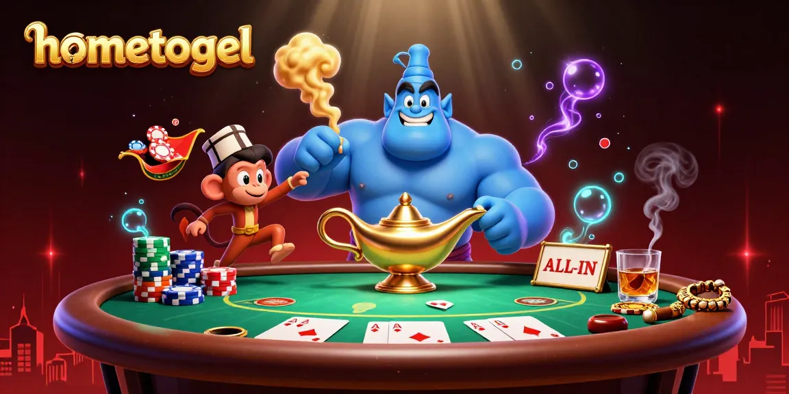Experience the magic of hometogel with a vibrant casino scene featuring a genie, monkey, and poker elements.