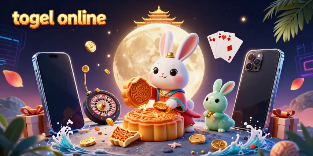 Permainan togel online menyajikan kelinci bulan yang memukau dan keripik poker di latar bulan.