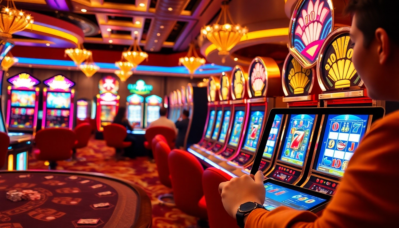 Players enjoying thrilling slot machines at a premier nama situs judi slot online, showcasing excitement and elegance.