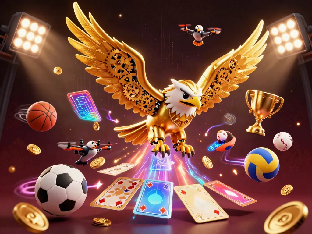 Experience thrilling casino action as a golden eagle dives through holographic playing cards in a vibrant scene.