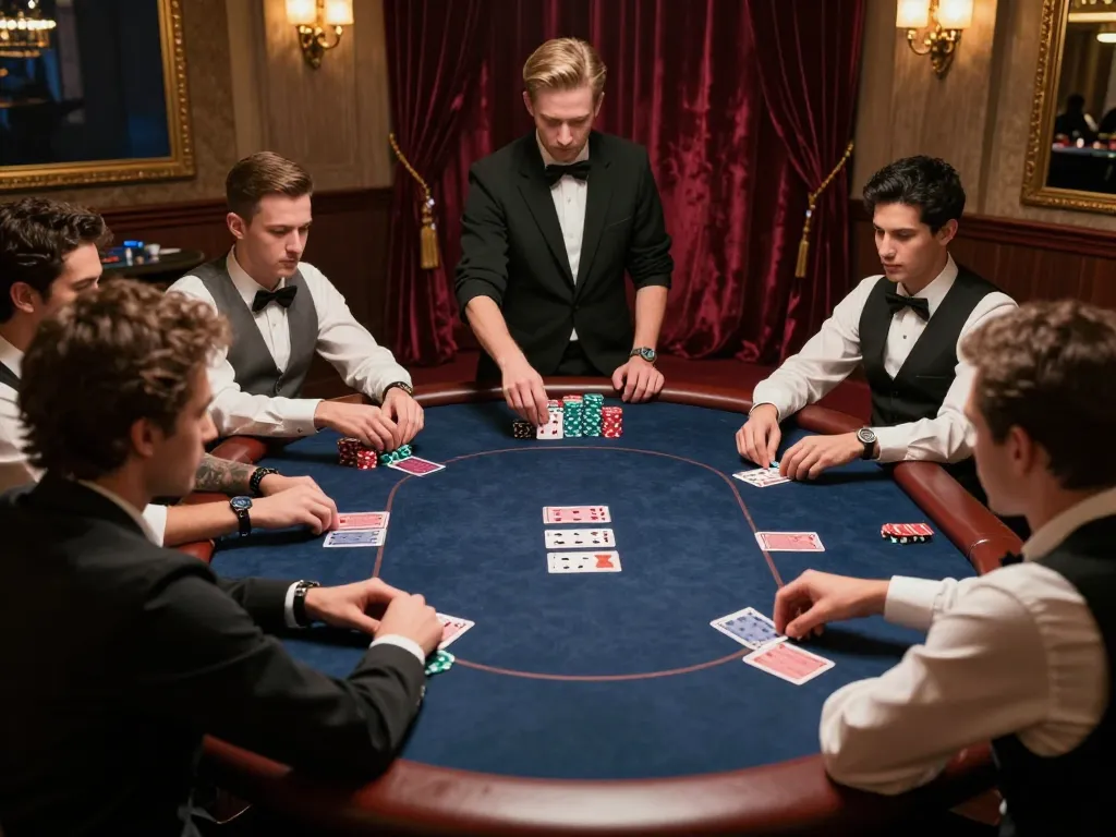 I9BET poker players strategizing with cards and chips at a luxury casino table.