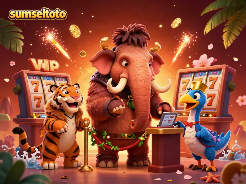 Engage with sumseltoto's vibrant casino scene featuring a mammoth bouncer, a saber-tooth tiger, and lively slot elements.
