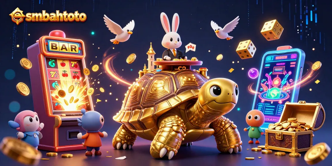 Experience the vibrant world of sembahtoto with a lively casino scene featuring a golden tortoise and a rabbit dealer.