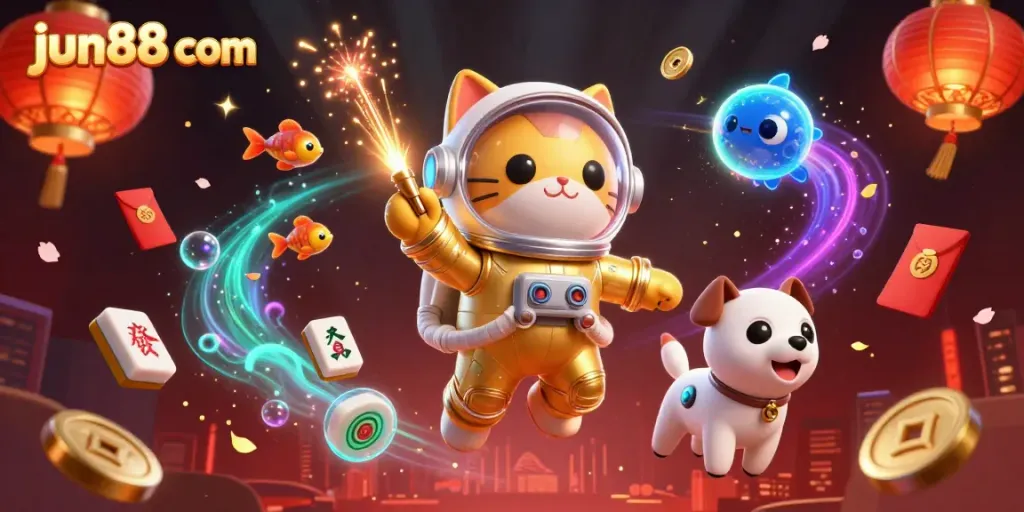Win big with jun88 com in this vibrant casino scene featuring a golden astronaut cat amidst games and luck.