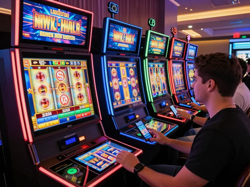 Engaged players spinning OKESLOT online slots on their devices, showcasing vibrant casino graphics and excitement.