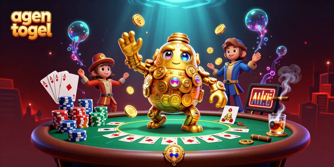 Memenangkan permainan agen togel dengan simbol mesin slot mengelilingi golem emas yang bersinar dan tumpukan chip poker.