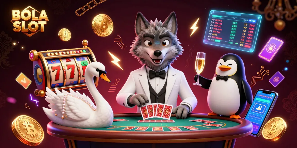 BOLA SLOT players at a vibrant baccarat table, enjoying a lively game with characters and crypto elements.
