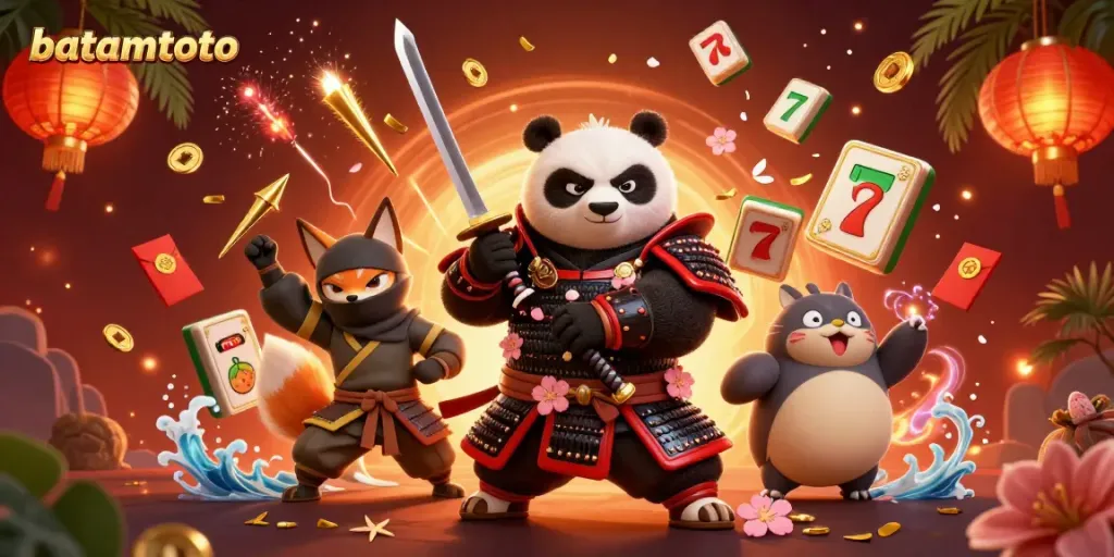Engage in vibrant gameplay at batamtoto with cartoon characters amidst slot reels and festive decor.