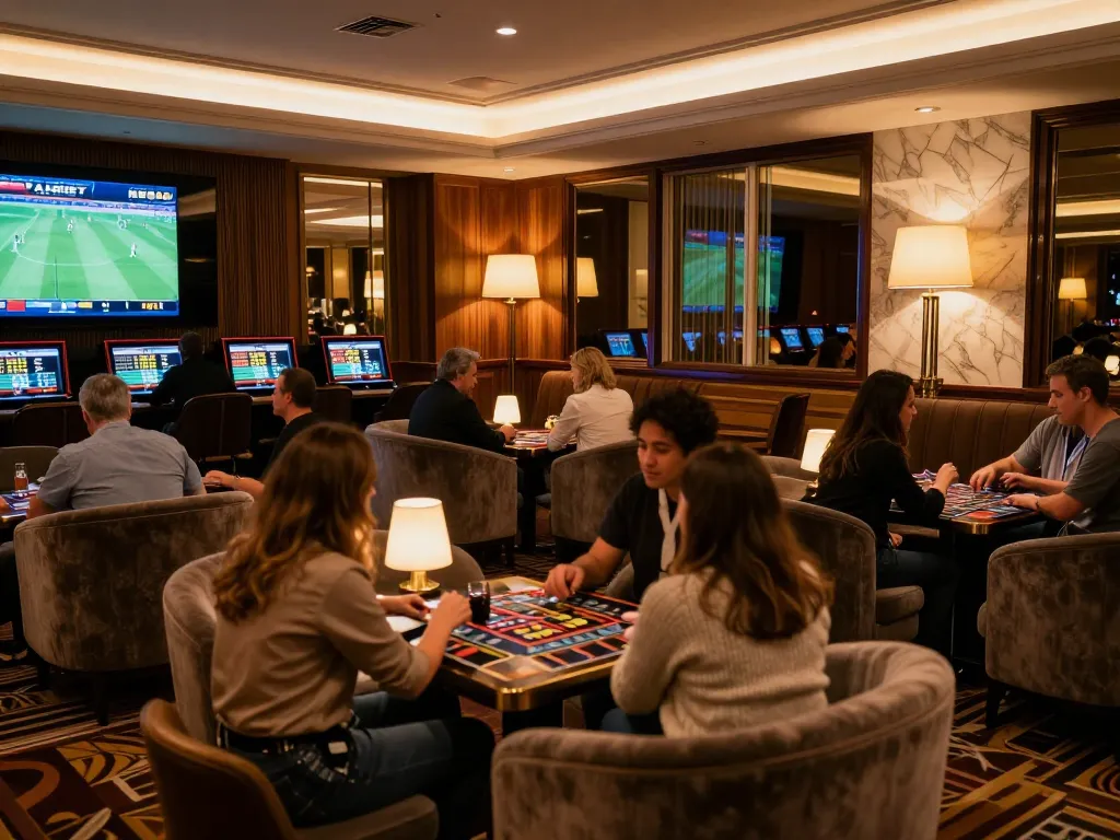 Betting excitement at 98win trang chủ sports lounge with visitors engaging in live sports events