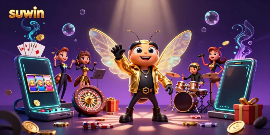 Join the fun at suwin with a rock star cicada, a beetle drummer, and vibrant casino elements!