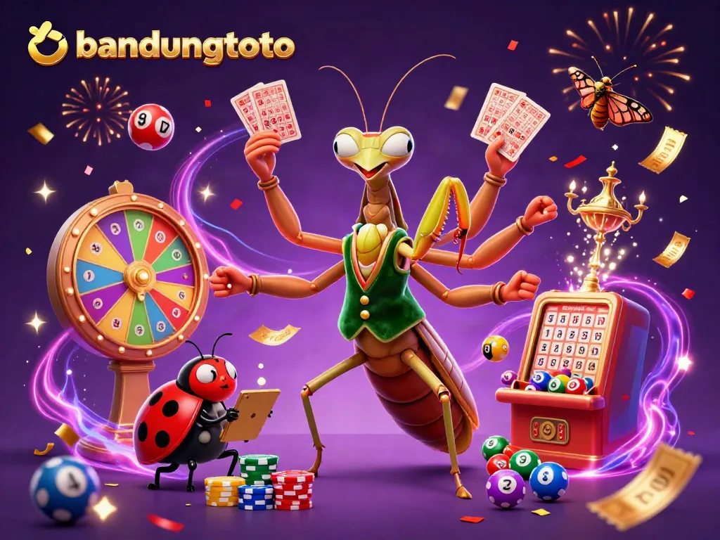 Experience excitement with bandungtoto as a giant mantis deals cards amidst colorful gambling elements.