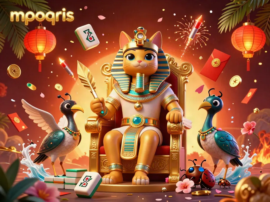 Visualisasi kucing pharaoh 3D bermain slot di mpoqris dengan lampion dan koin keberuntungan.