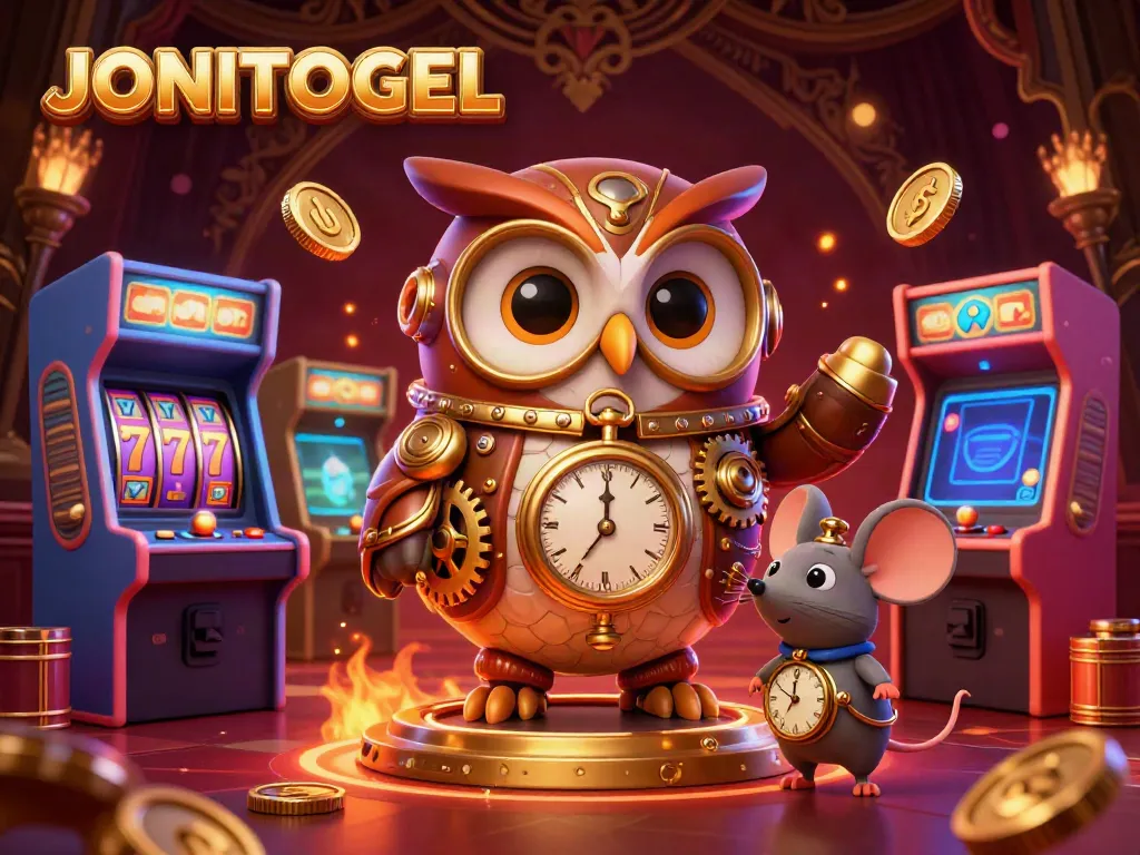 Engage with JONITOGEL’s vibrant casino scene featuring a time-traveling owl, slot machines, and steampunk elements.
