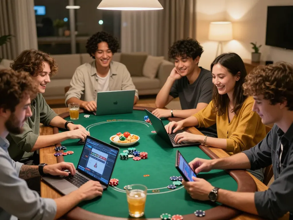 Bạn bè tận hưởng một trò chơi poker trực tuyến sôi động với máy tính xách tay tại nhà, thể hiện tinh thần câu lạc bộ Hit.