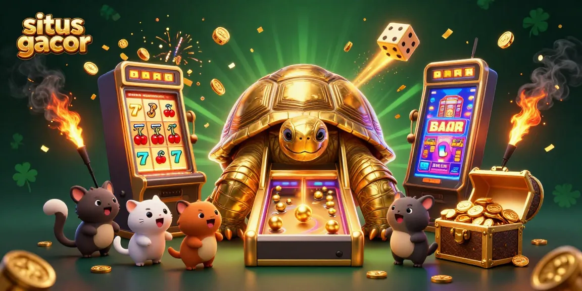 Engage in the thrill of situs gacor with a dynamic scene of golden tortoise and slot machines.