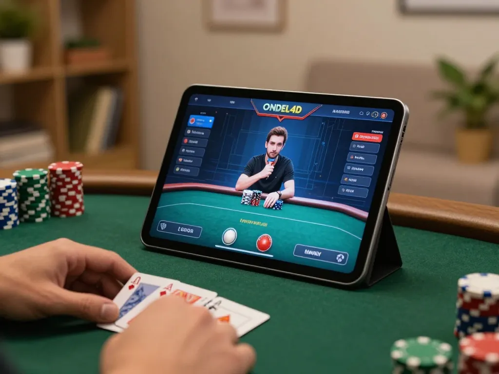 Berinteraksi dengan permainan poker ONDEL4D di tablet sambil memasang taruhan strategis di rumah