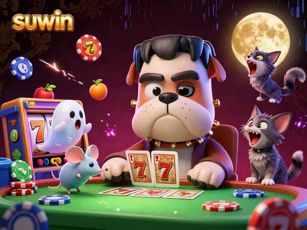 Experience the thrilling action of suwin with a spooky casino scene featuring a spirited bulldog dealer, interactive slot elements, and vibrant graphics.